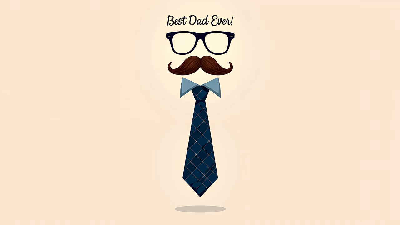 A charming illustration celebrating fatherhood with a mustache, glasses, and tie against a soft beige background.