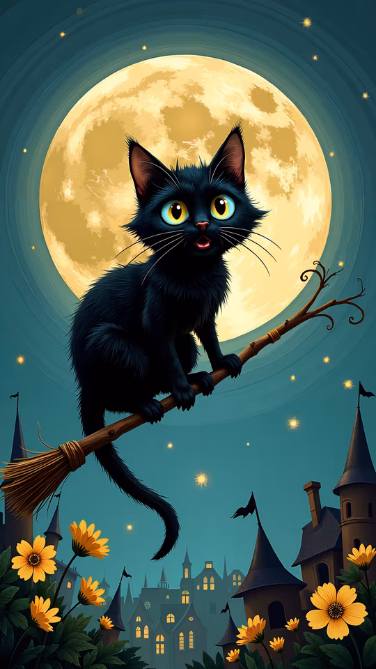 Black Cat on Broomstick