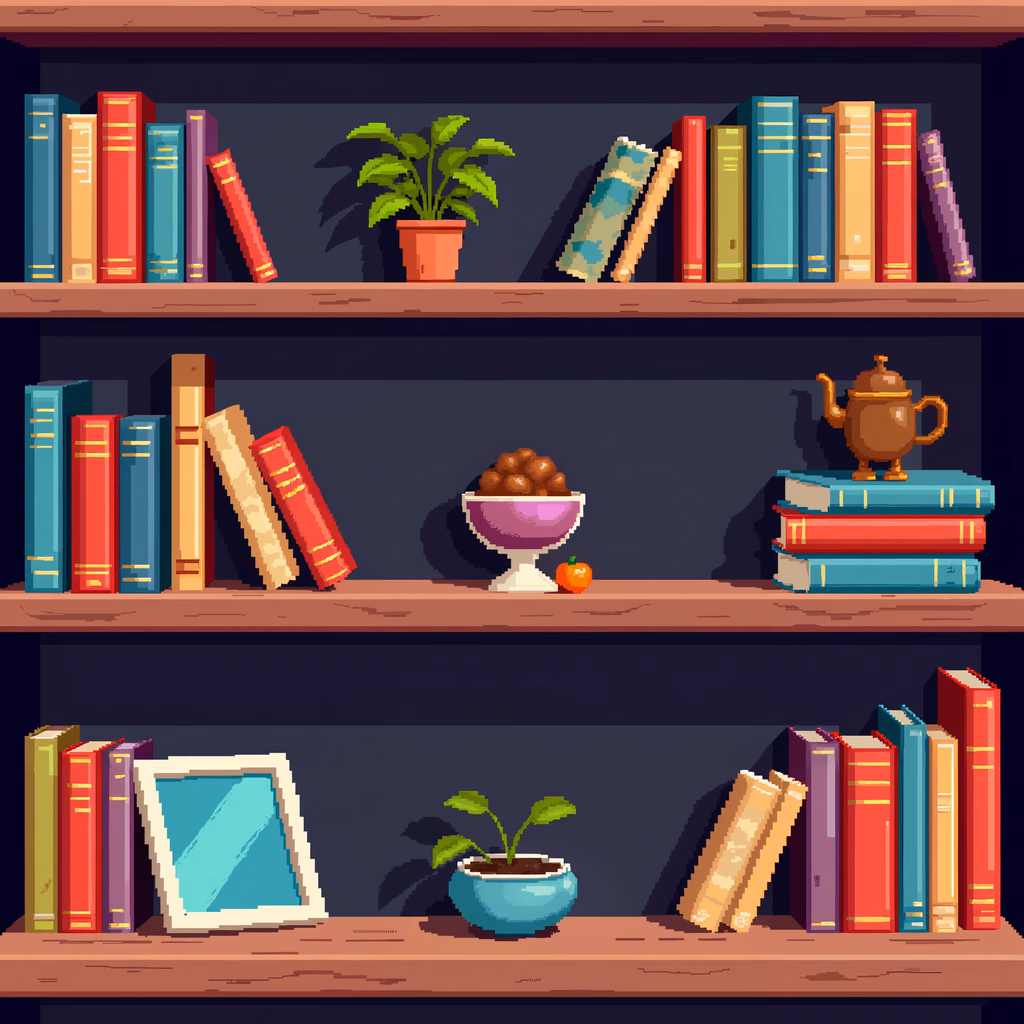 A charming bookshelf with books, plants, and a cozy vibe.