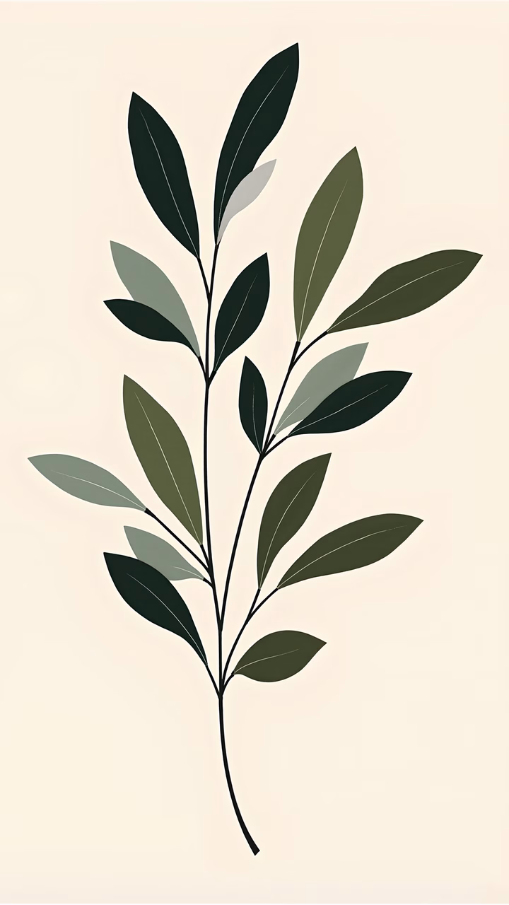 Minimalist botanical illustration with smooth green leaves on a beige background.