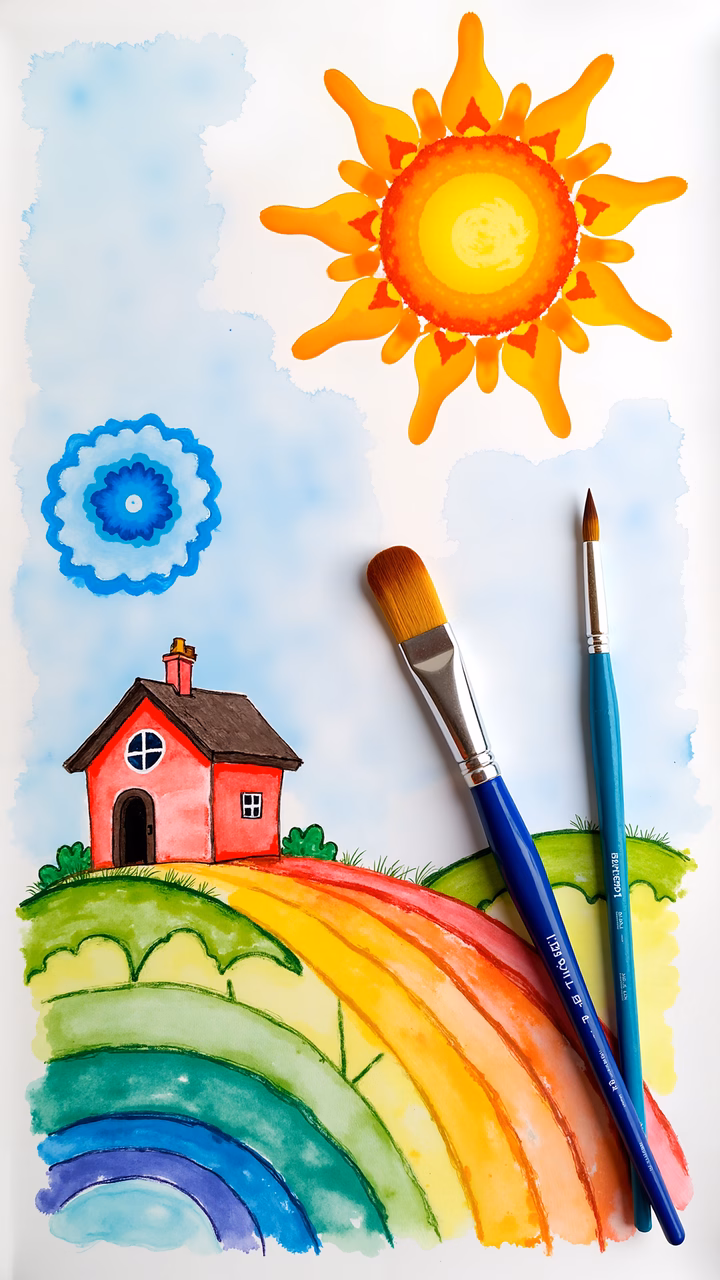 A colorful watercolor scene with a house, rainbow, and paintbrushes, perfect for children’s art.