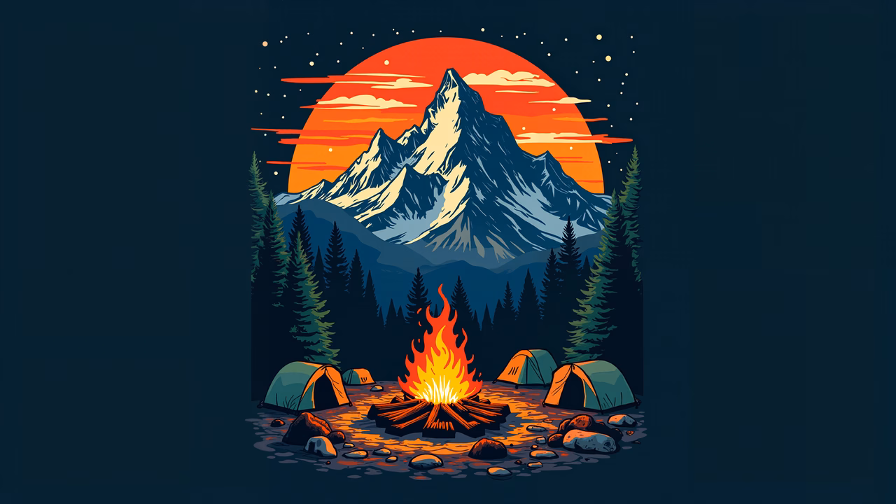 A campfire scene under a glowing moon, surrounded by tents and pine trees, with majestic mountains in the background.