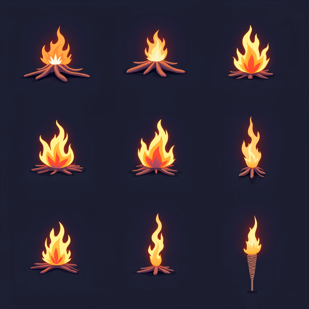 Vibrant campfire illustrations with detailed flames and wood arrangements.