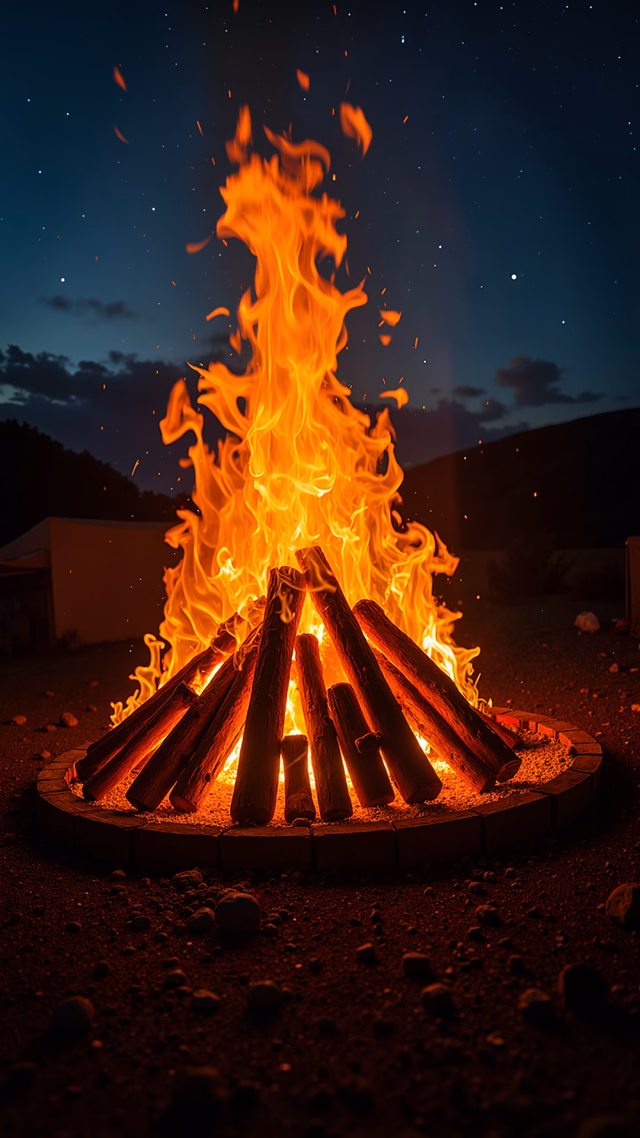 A glowing campfire under a starry sky, symbolizing warmth and serenity.