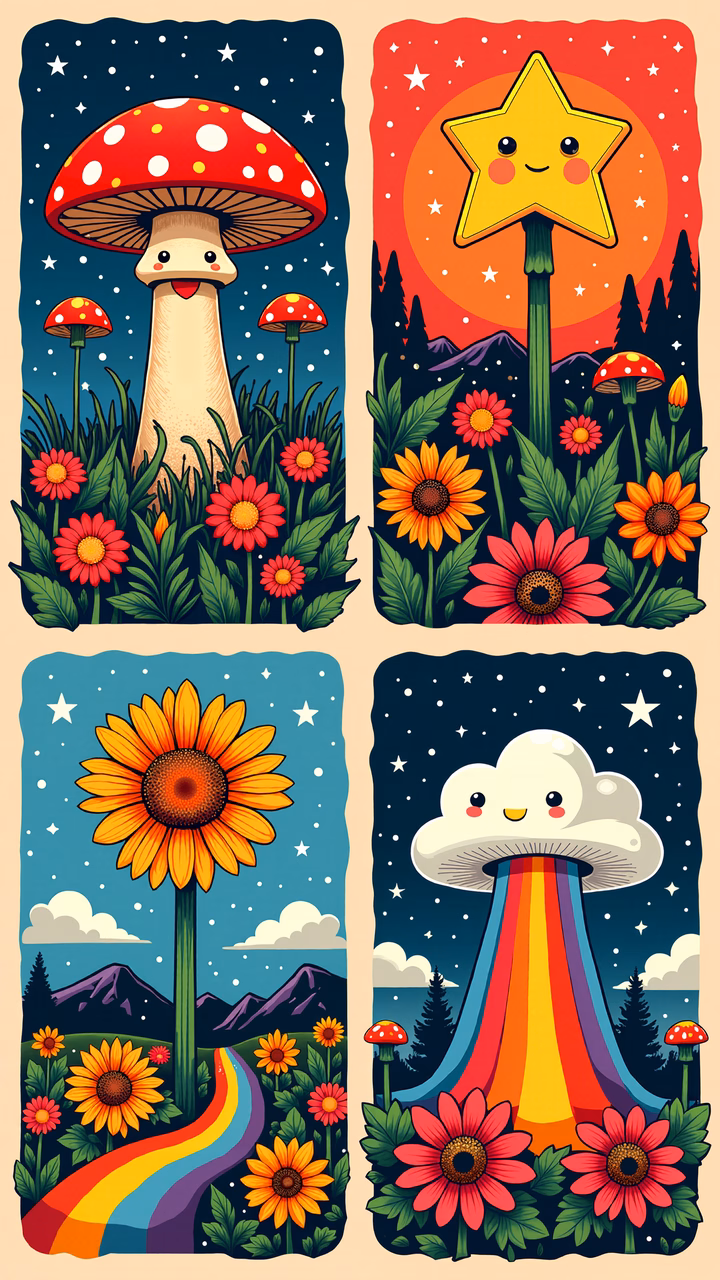 Brightly colored, whimsical fantasy scene with mushrooms, a star, and a rainbow.