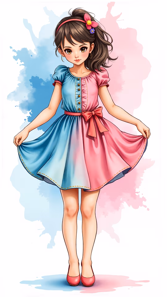 Cartoon Girl in Colorful Dress