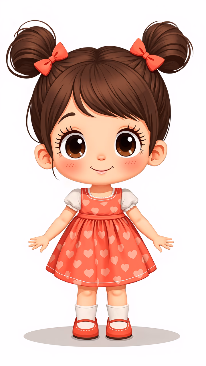A cute cartoon girl in a heart-patterned dress, exuding happiness and innocence.
