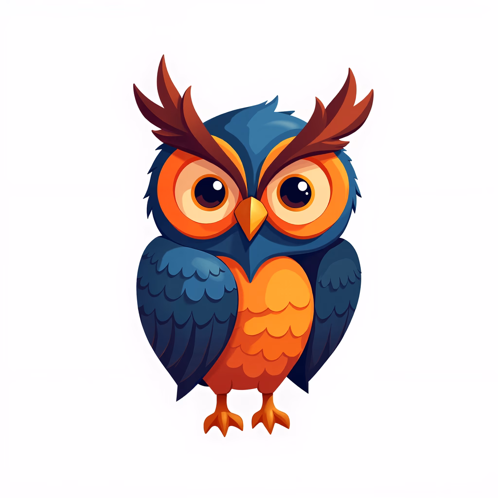 A cute cartoon owl with big eyes and colorful feathers, perfect for children's books and educational materials.
