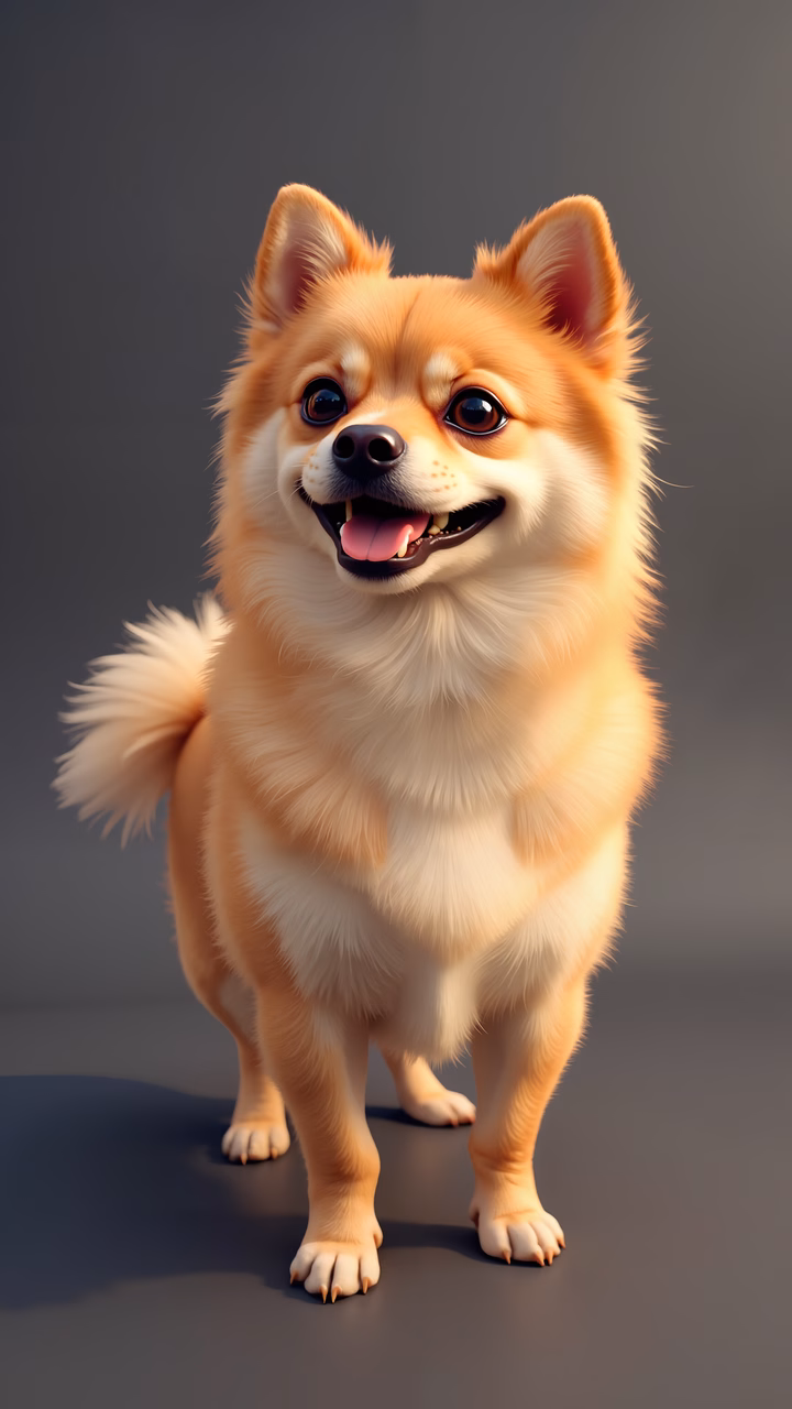 Whimsical cartoon Pomeranian dog with a friendly smile.