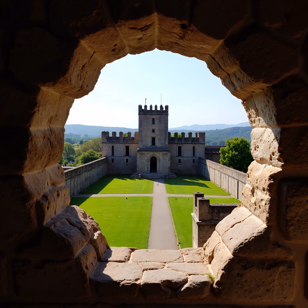 Medieval castle framed by a stone arch, serene landscape, clear sky.