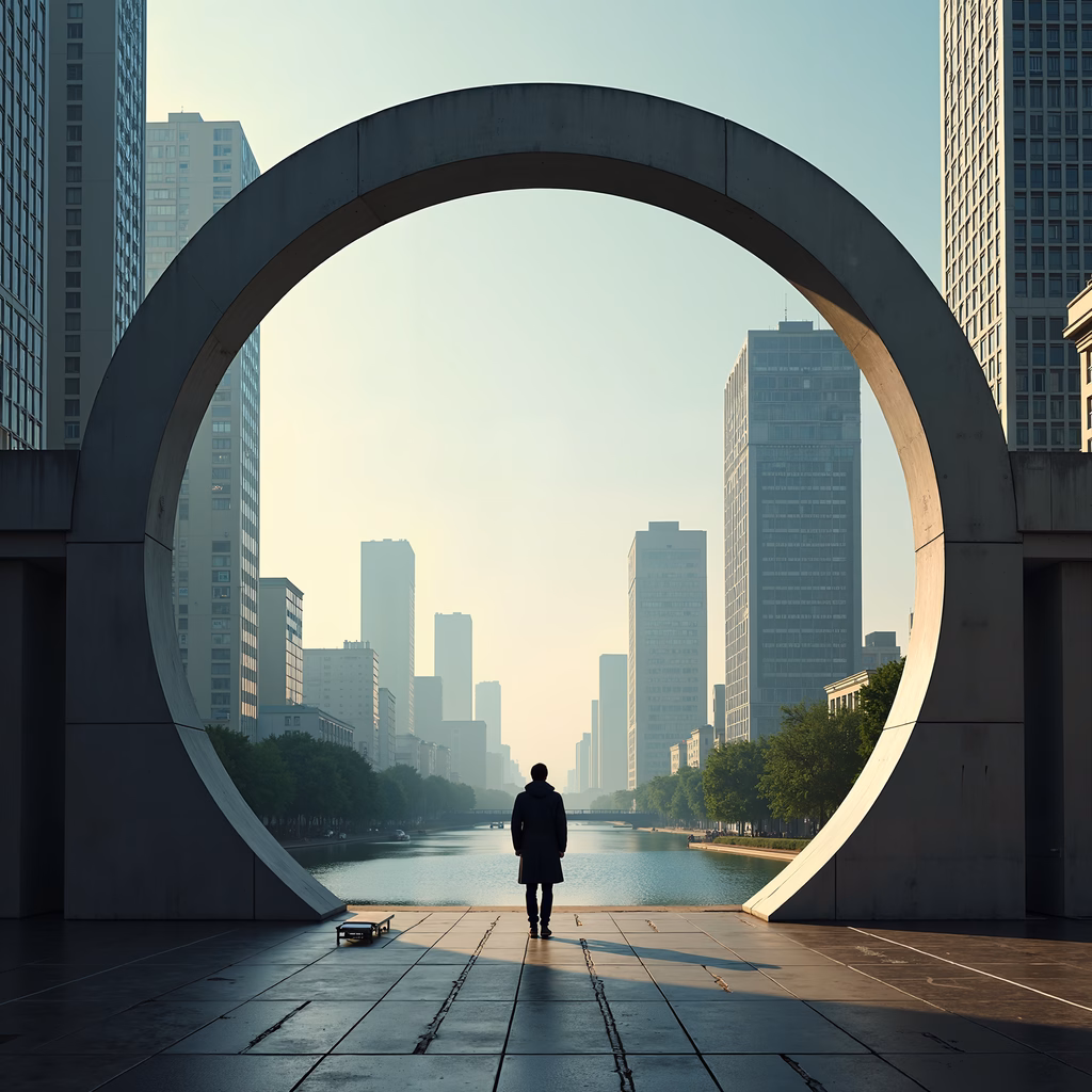 A solitary figure within a circular portal overlooking a peaceful urban landscape.