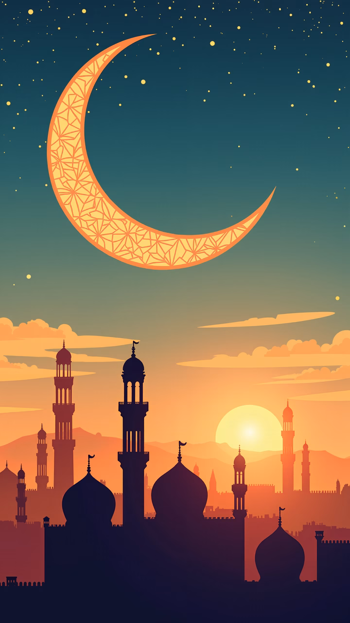 A peaceful night scene with a detailed crescent moon and silhouetted city skyline.