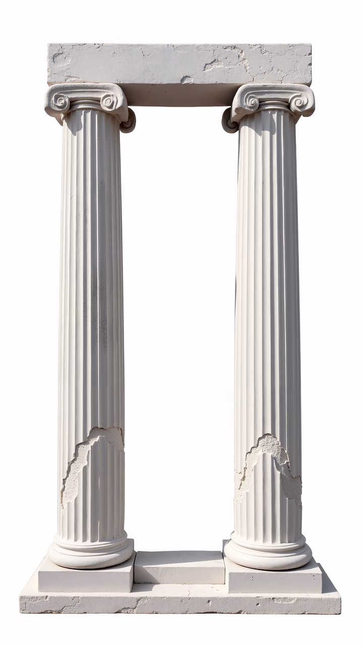 Detailed classical columns against a white backdrop, evoking historical grandeur.