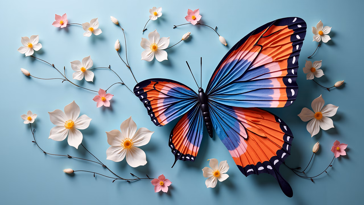 Vibrant butterfly illustration with colorful wings and delicate flowers on a teal background.