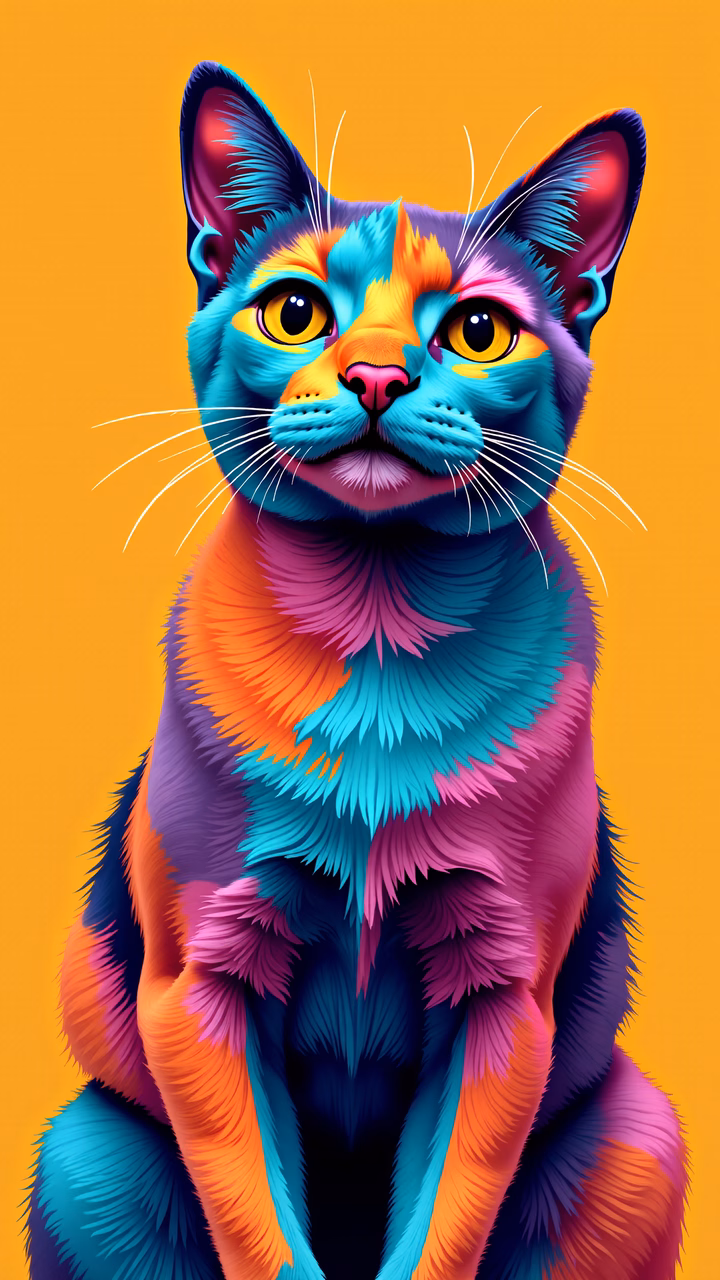 Vibrant, colorful cat portrait with detailed brushstrokes on a warm yellow background.