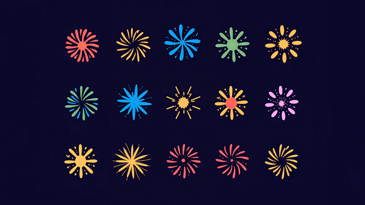 Vibrant fireworks illustration with bold colors and clean lines on a dark background.