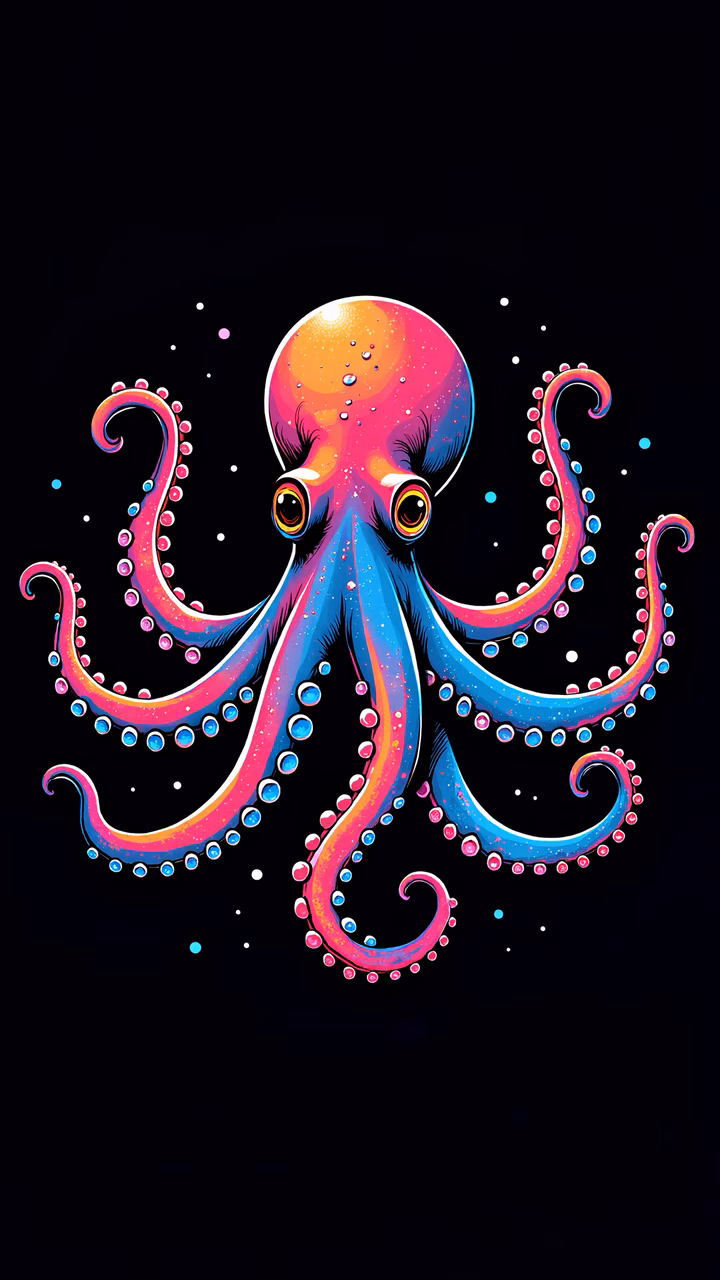 Vibrant, colorful octopus illustration with sparkling tentacles against a black background.