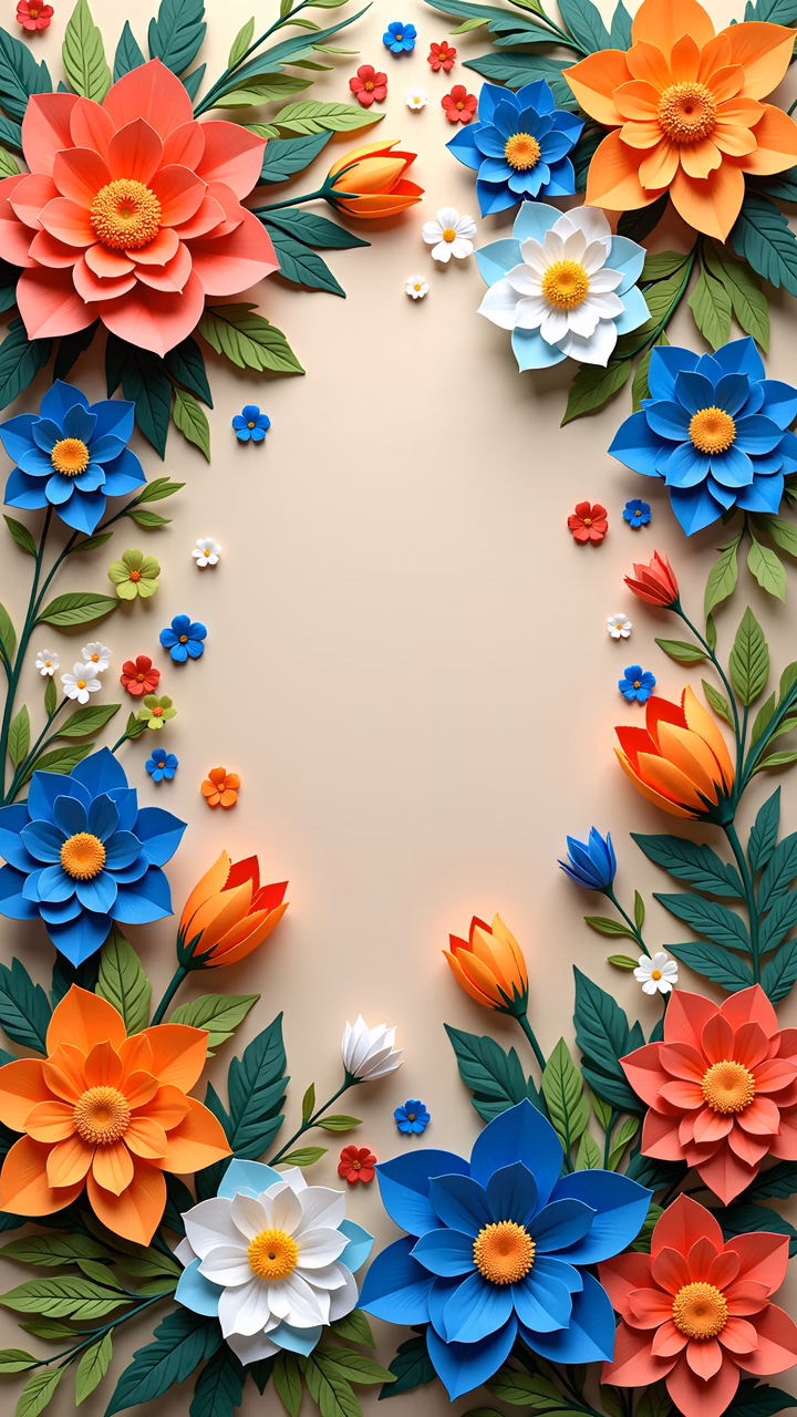 Brightly colored paper flowers on a beige background, creating a cheerful and vibrant scene.