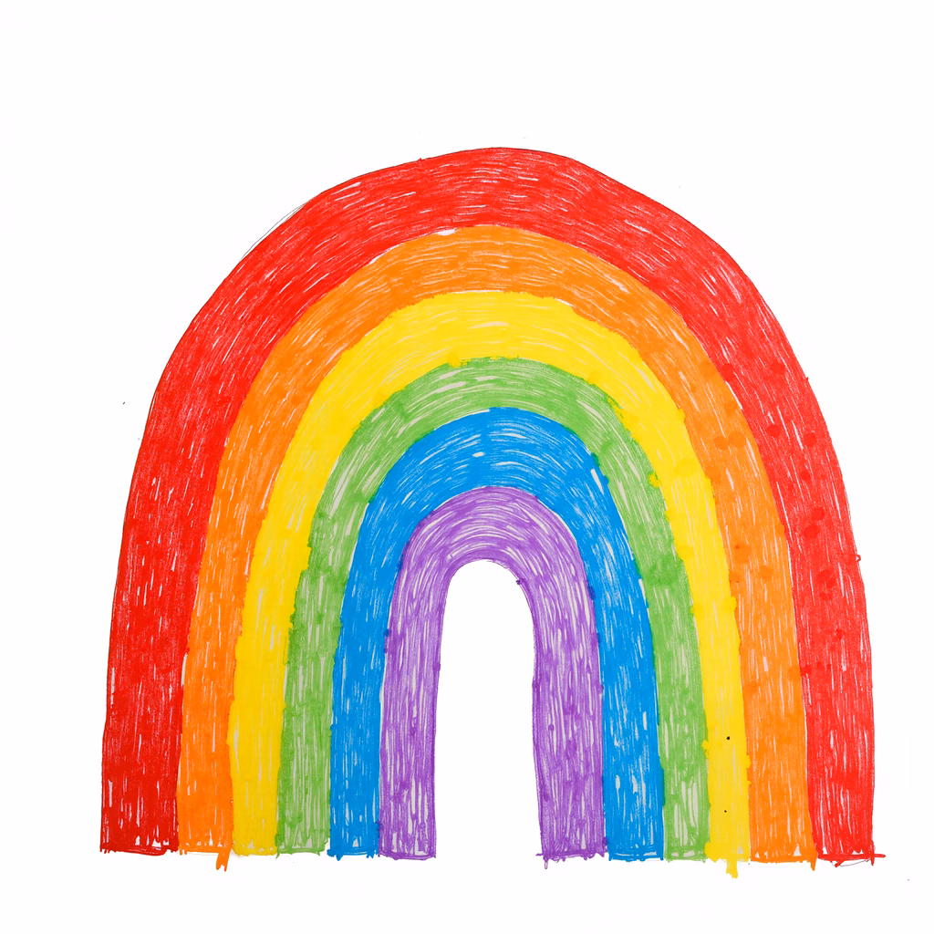 Brightly colored rainbow illustration with distinct hues and playful brushstrokes.