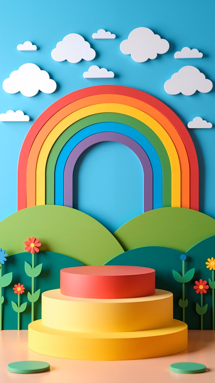 Brightly colored podium with rainbow and clouds, perfect for children's art.
