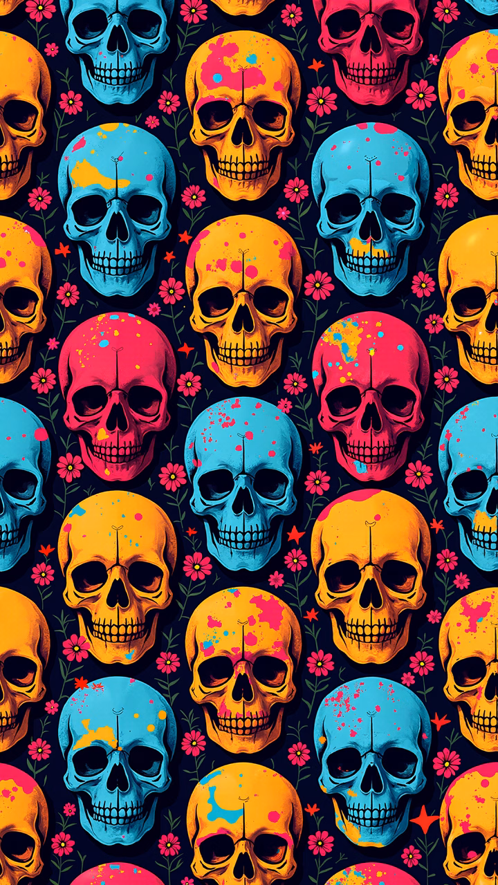 Vibrant, colorful skulls with splashes of paint and flowers on a dark background.