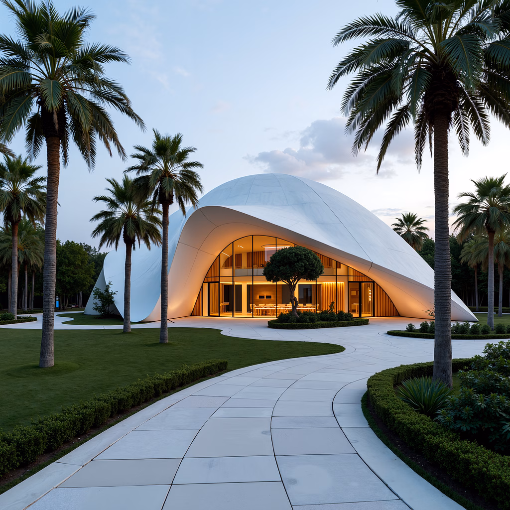 Modern dome-shaped residence with warm interior lighting and lush surroundings.