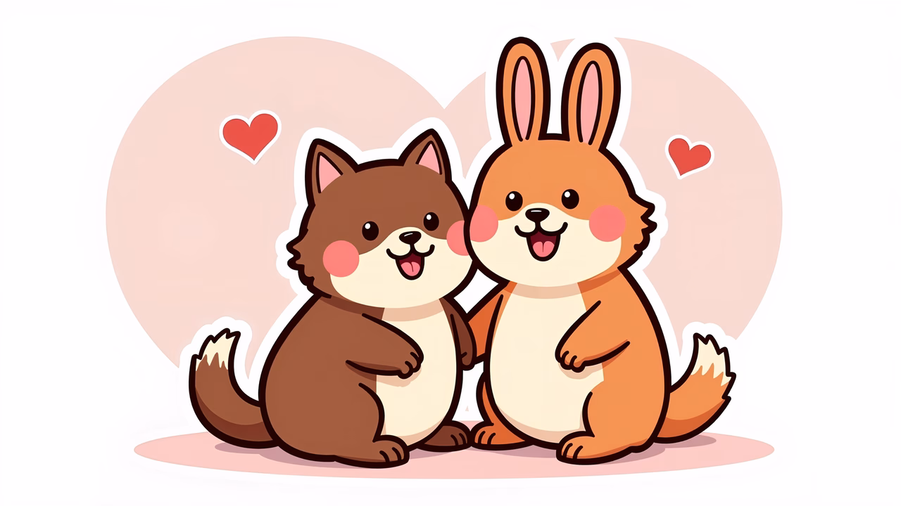 Two cute cartoon animals standing together, symbolizing friendship and love.