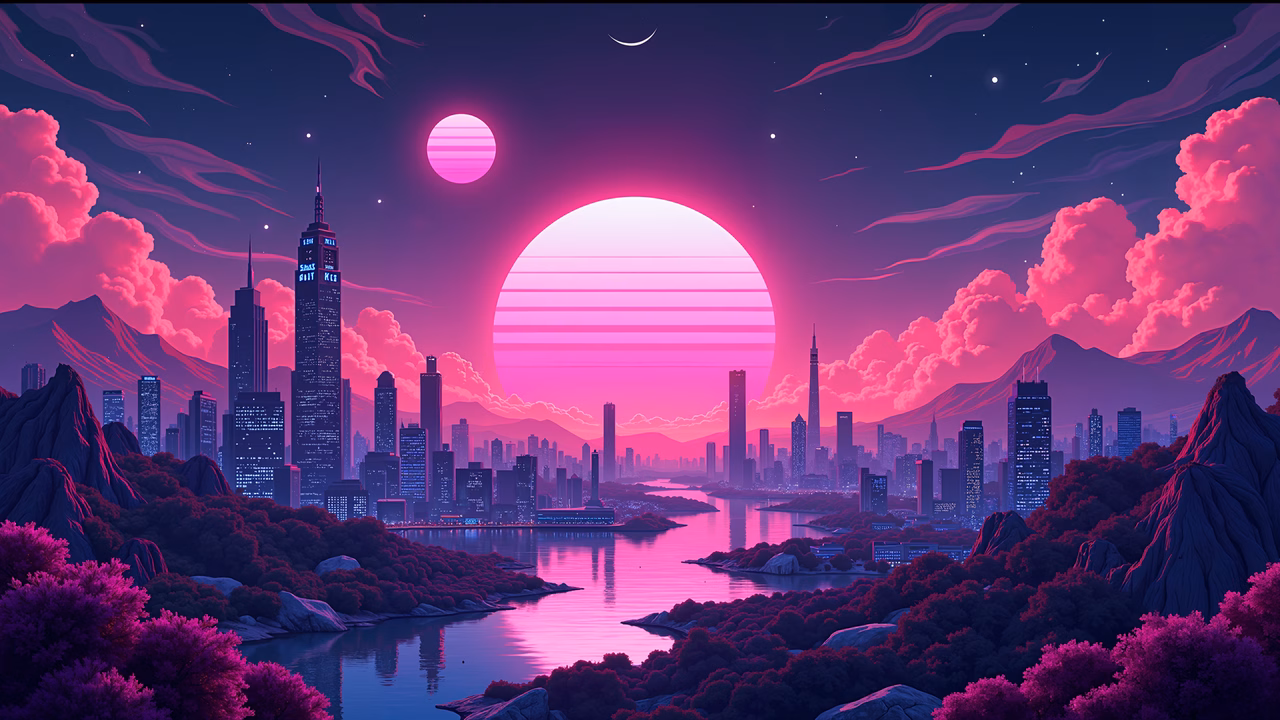 Futuristic cityscape with neon lights and a surreal sunset.