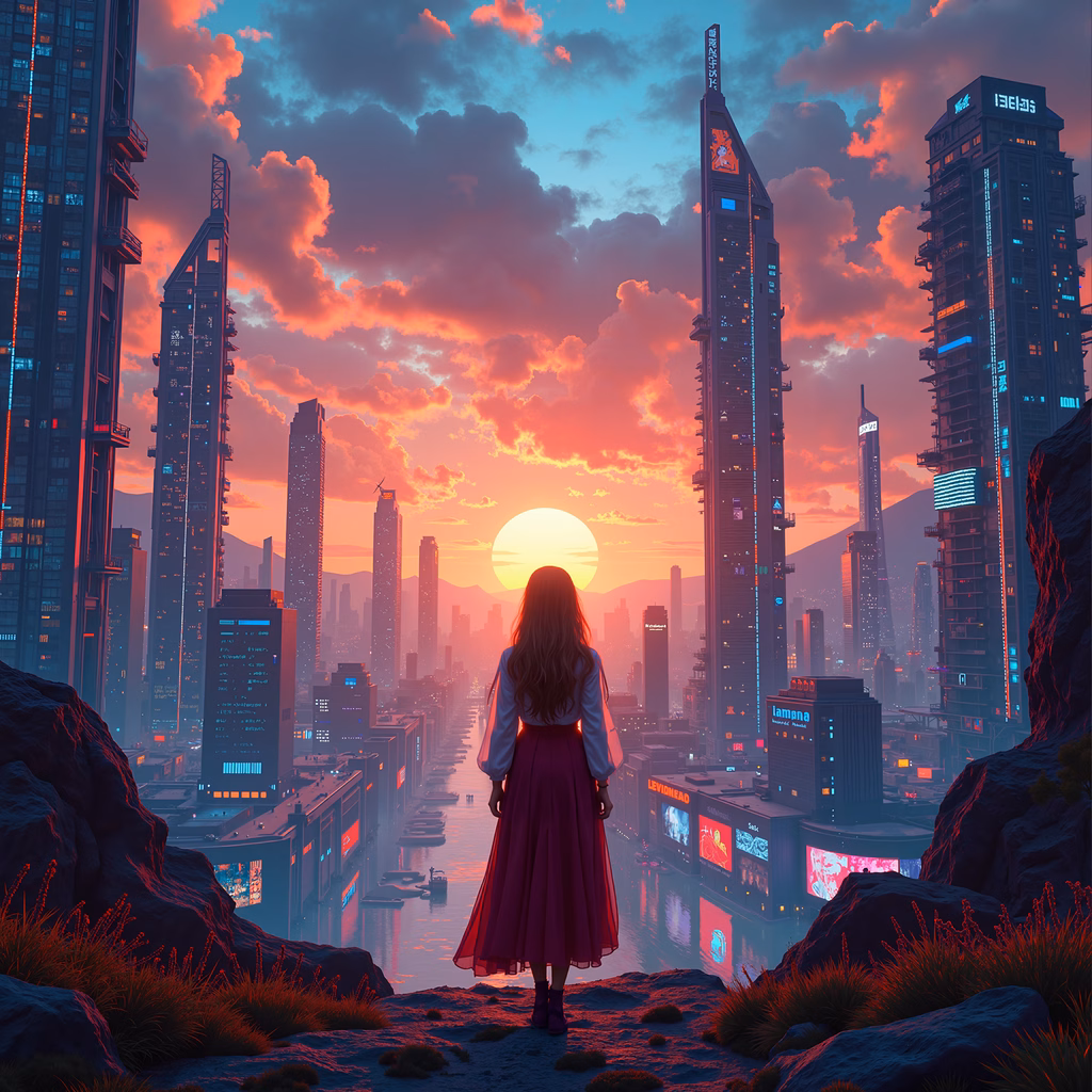 Cyberpunk cityscape at sunset, futuristic architecture, neon lights, contemplative figure