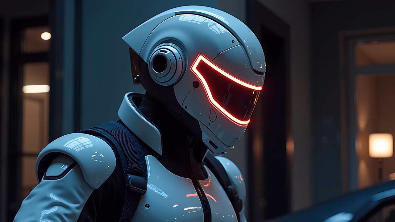 A cyberpunk-inspired robot with glowing red accents in a dimly lit environment.