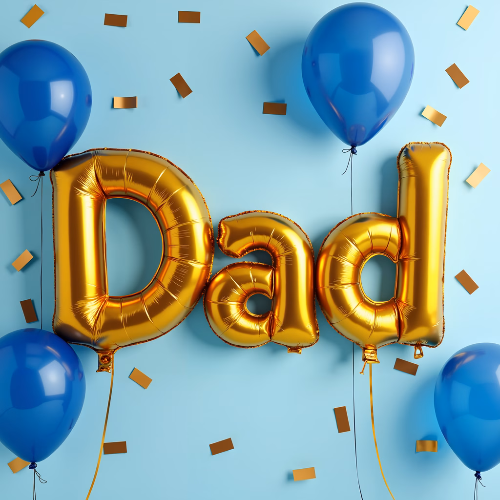 Golden balloons spell 'Dad' on a festive blue background.