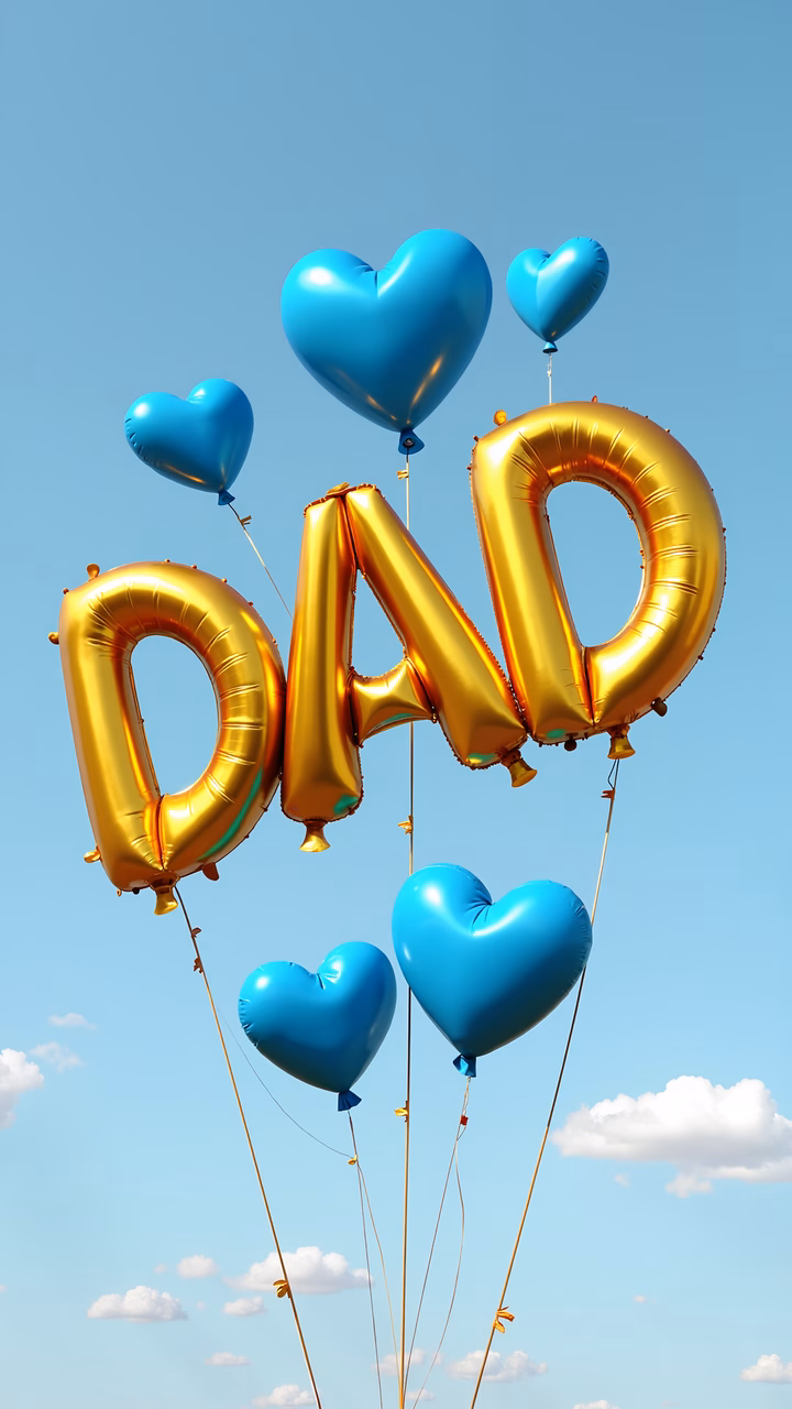 Golden balloons spell 'DAD' against a serene blue sky, celebrating Father's Day.