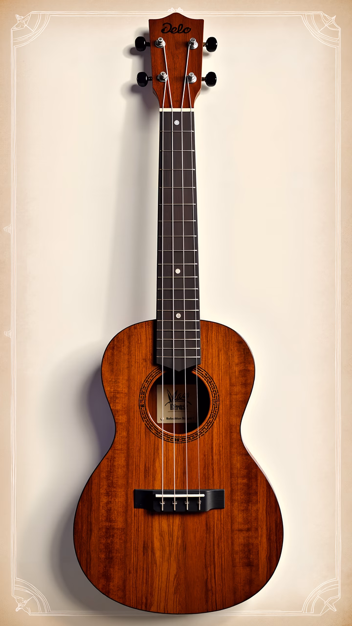 Delo ukulele illustration with elegant wood grain and classic design details.