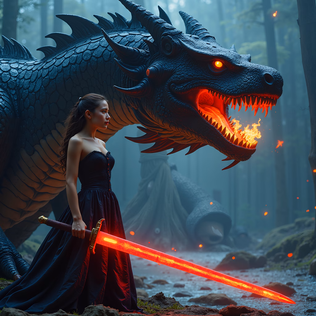 Woman with glowing sword confronts fiery dragon in misty forest.