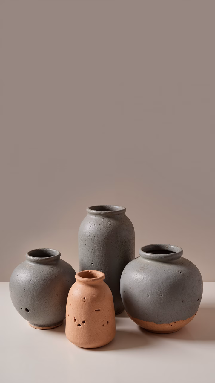 Minimalist still life featuring earthenware jars in soft, natural light.