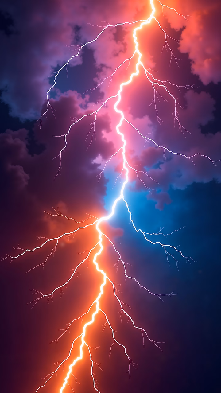 Vibrant lightning storm illustration with contrasting colors and dynamic energy.