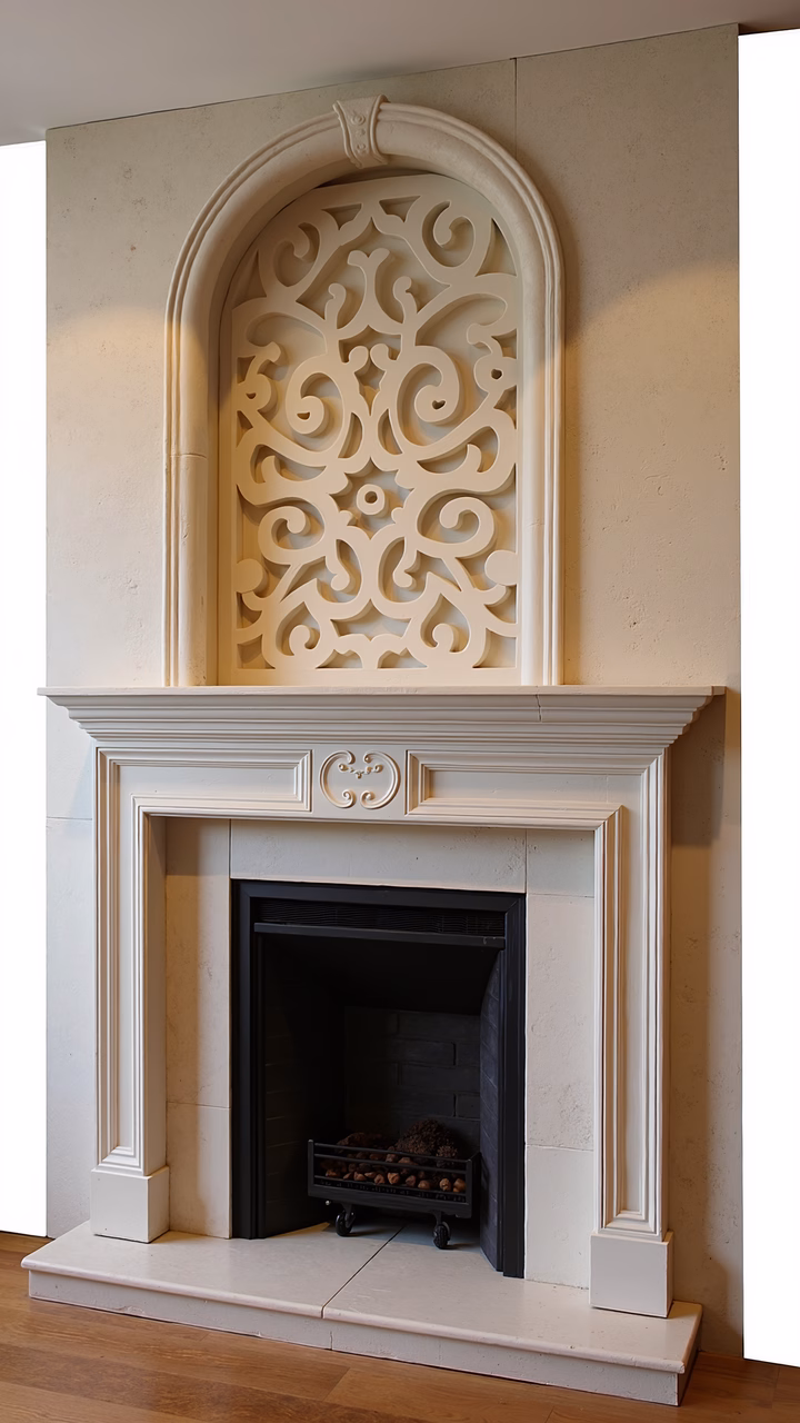 Elegant fireplace with intricate scrollwork, soft lighting, and neutral tones.
