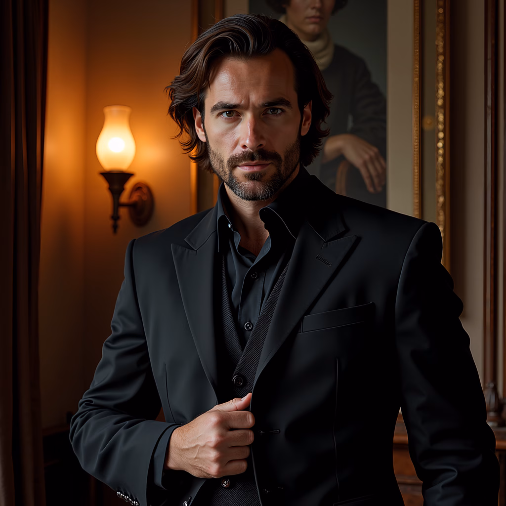 A stylish man in a black suit, illuminated by warm lighting against a classic backdrop.