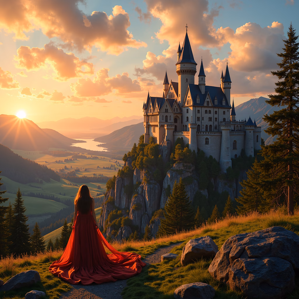 Epic castle sunset with a lone figure in a red dress