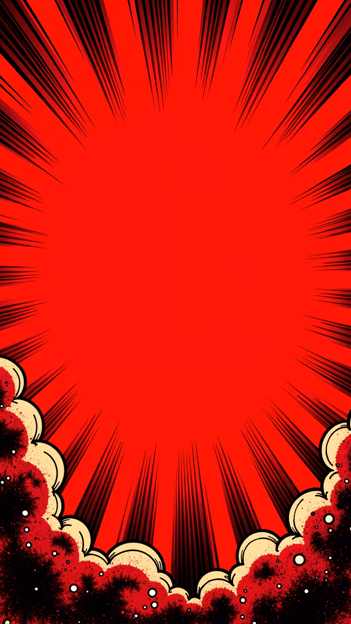 Dynamic red explosion with black lines and debris clouds.