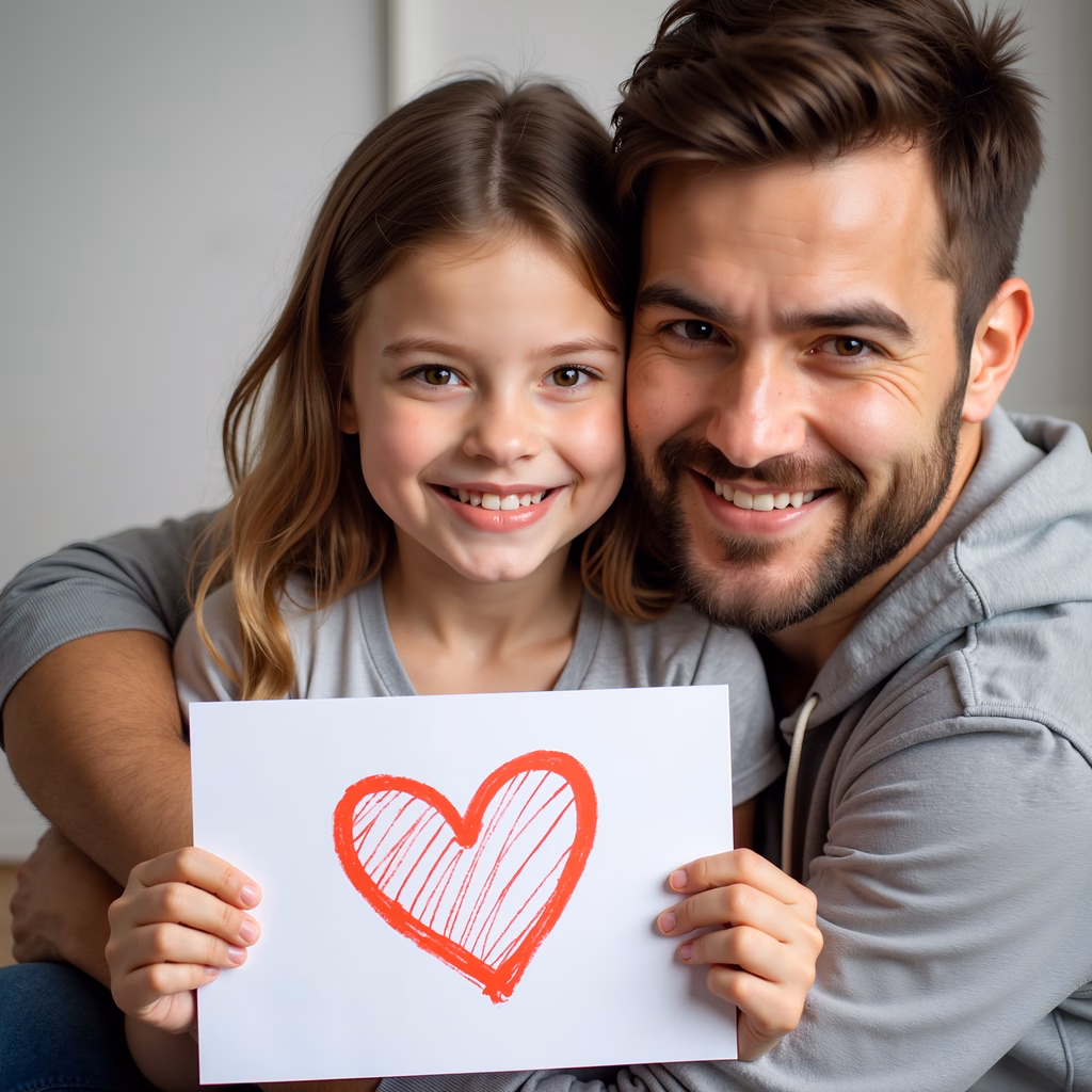 A father and daughter share a joyful moment, holding a heart drawing, symbolizing love and family.
