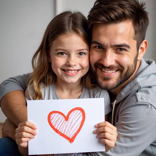 Father and Daughter Holding Heart Drawing