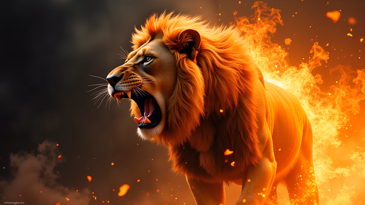 Fiery lion roaring amidst swirling flames, symbolizing strength and intensity.