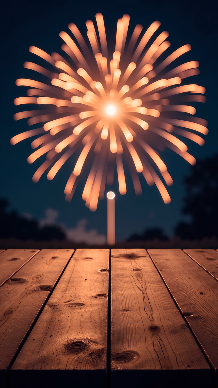 Vibrant firework burst over a wooden deck, celebrating joy and festivity.