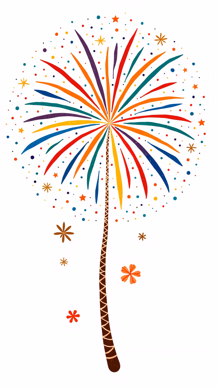 Vibrant fireworks celebration illustration with colorful bursts and festive stars.