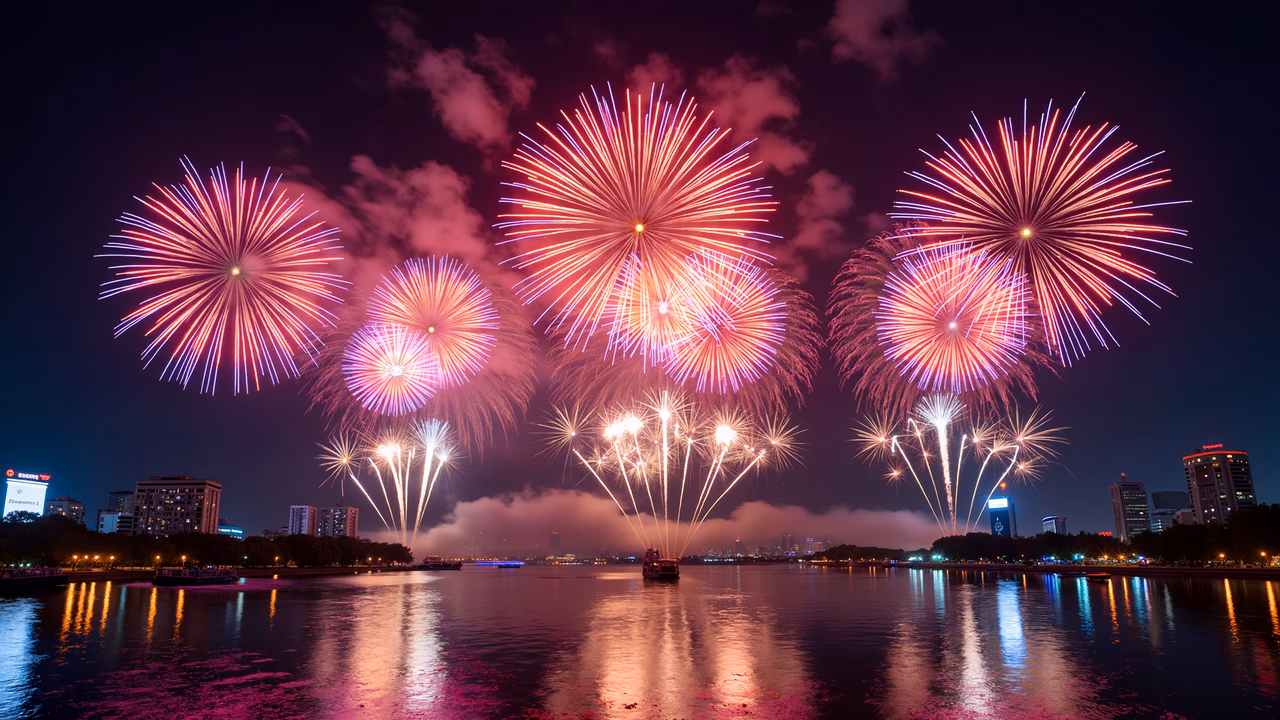 Epic fireworks light up the night sky, reflecting on the water below, celebrating joyfully.