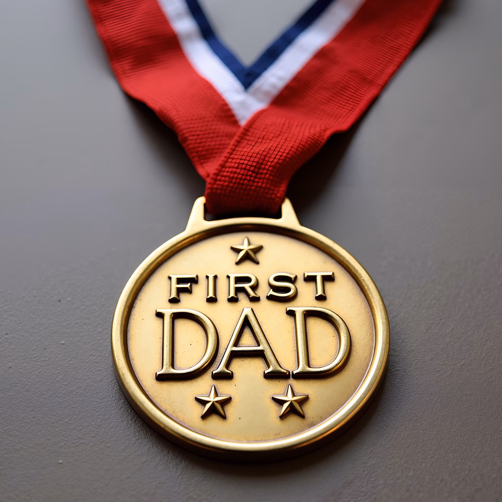 Golden medal celebrating fatherhood with patriotic details.