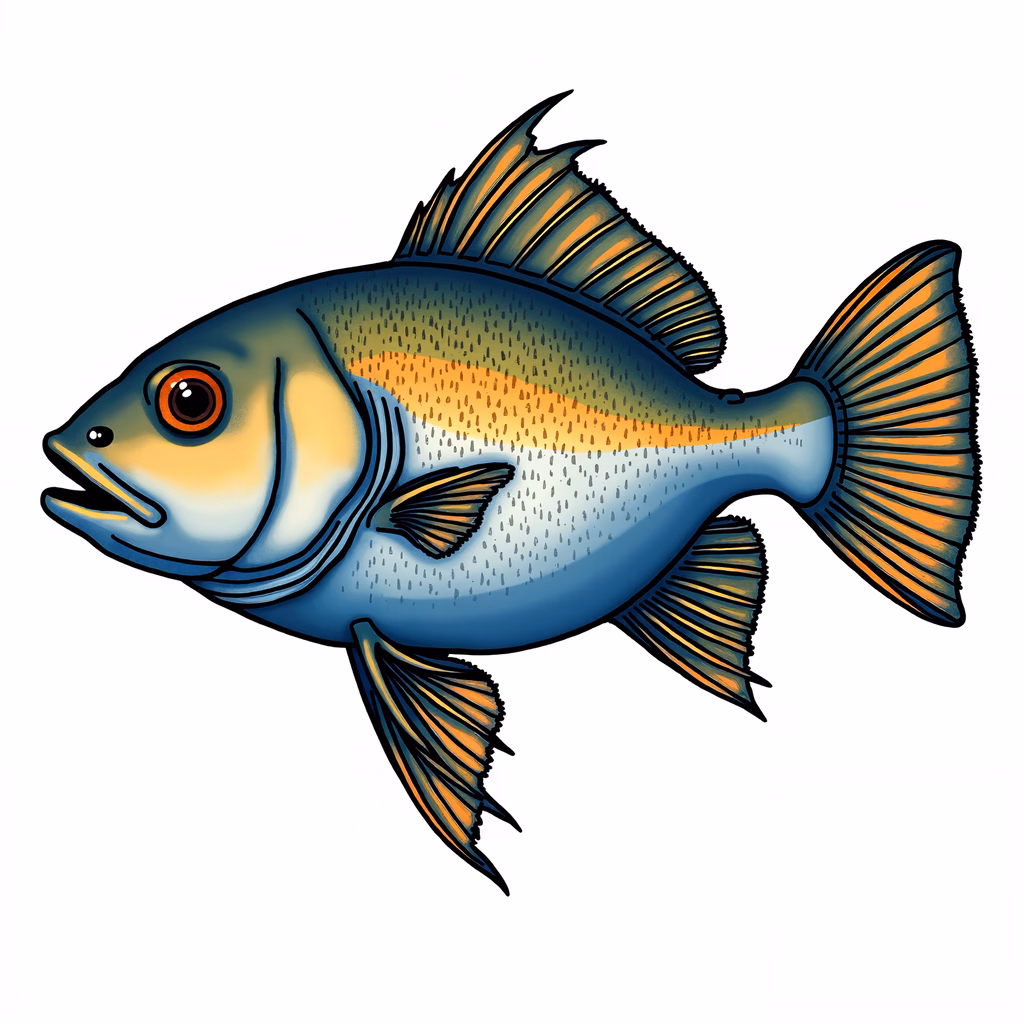 Vibrant fish illustration with detailed scales and expressive eyes.