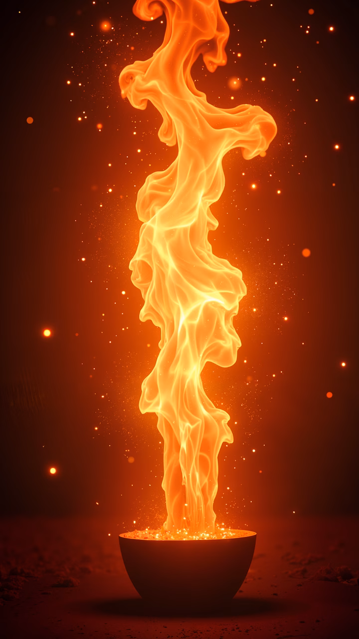 Dynamic illustration of a flaming cauldron against a starlit sky, evoking a magical and intense atmosphere.