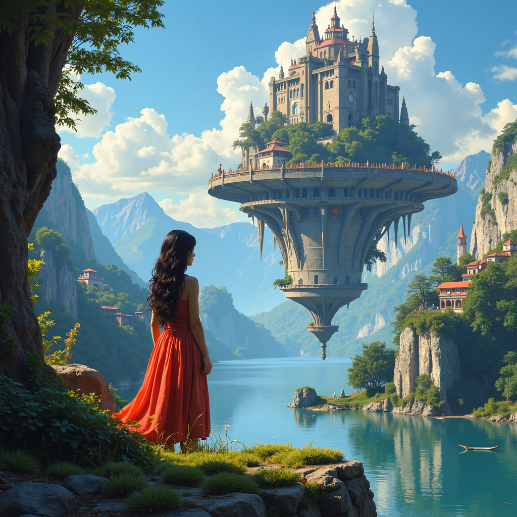 Woman in red dress admires floating castle in serene fantasy landscape.